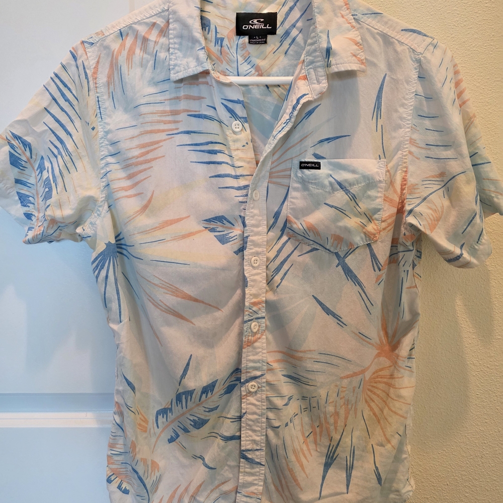 O'Neill Men's Palm Print Shirt - White, Blue, and Orange